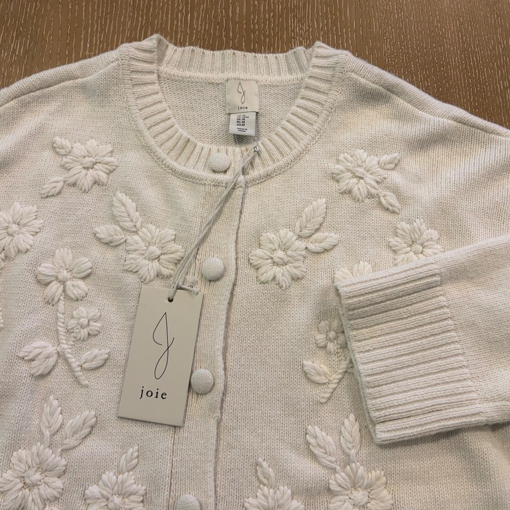 Joie Women's M Ivory Embroidered Floral Cardigan Sweater Wool Blend New